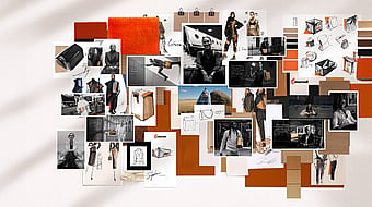 Ein Moodboard mit Modefotos, Entwurfsskizzen, Mondi-Verpackungen und orangefarbenen Mondi-Stoffen.